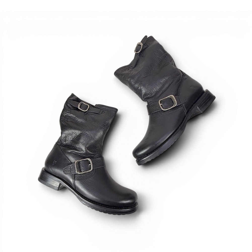 Frye Veronica Short Black Leather Moto Boots‎ Women 8 B Slouch Shaft Buckles